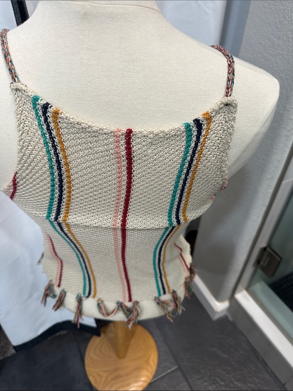 Beige Striped Crochet Camisole with Fringe - Picture 3 of 4